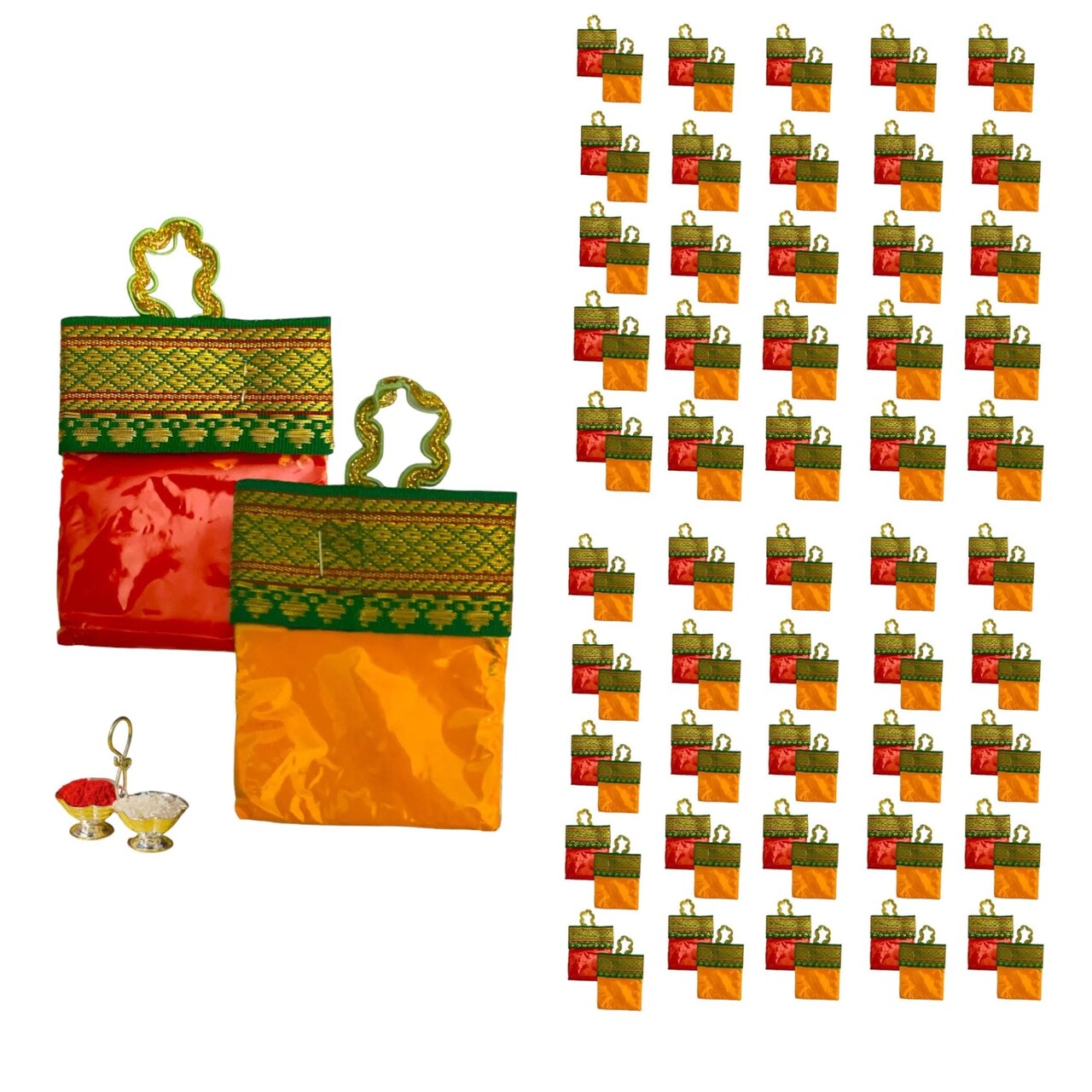 Haldi Kumkum Packets Bulk Handbag Style Mini Packs Premium Sindoor and Turmeric Powder Combo - Hindu Thamboolam Set for Indian Wedding Havan Durga Puja Festive Essentials Return Gift